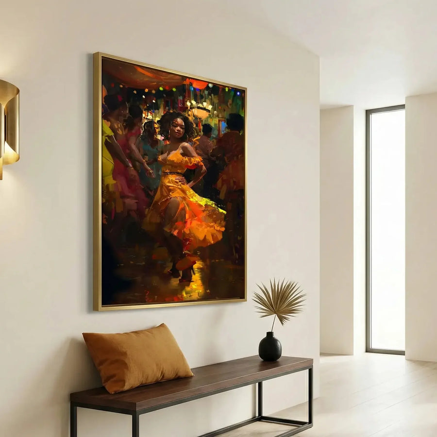 Modern Black art for apartment in minimalist hallway with brass sconce and walnut bench, Black woman in orange dress dancing. Digital mockup.