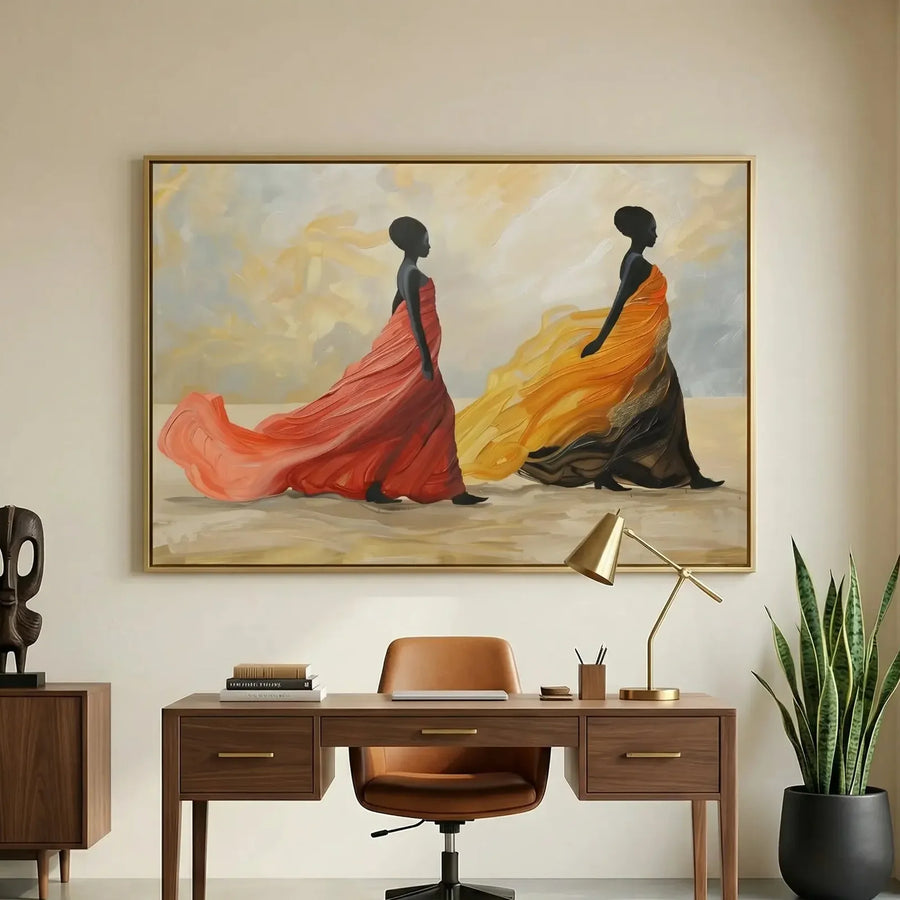 Confident Black woman office decor in modern office with walnut desk and African statue, two regal Black women in gowns. Digital mockup.
