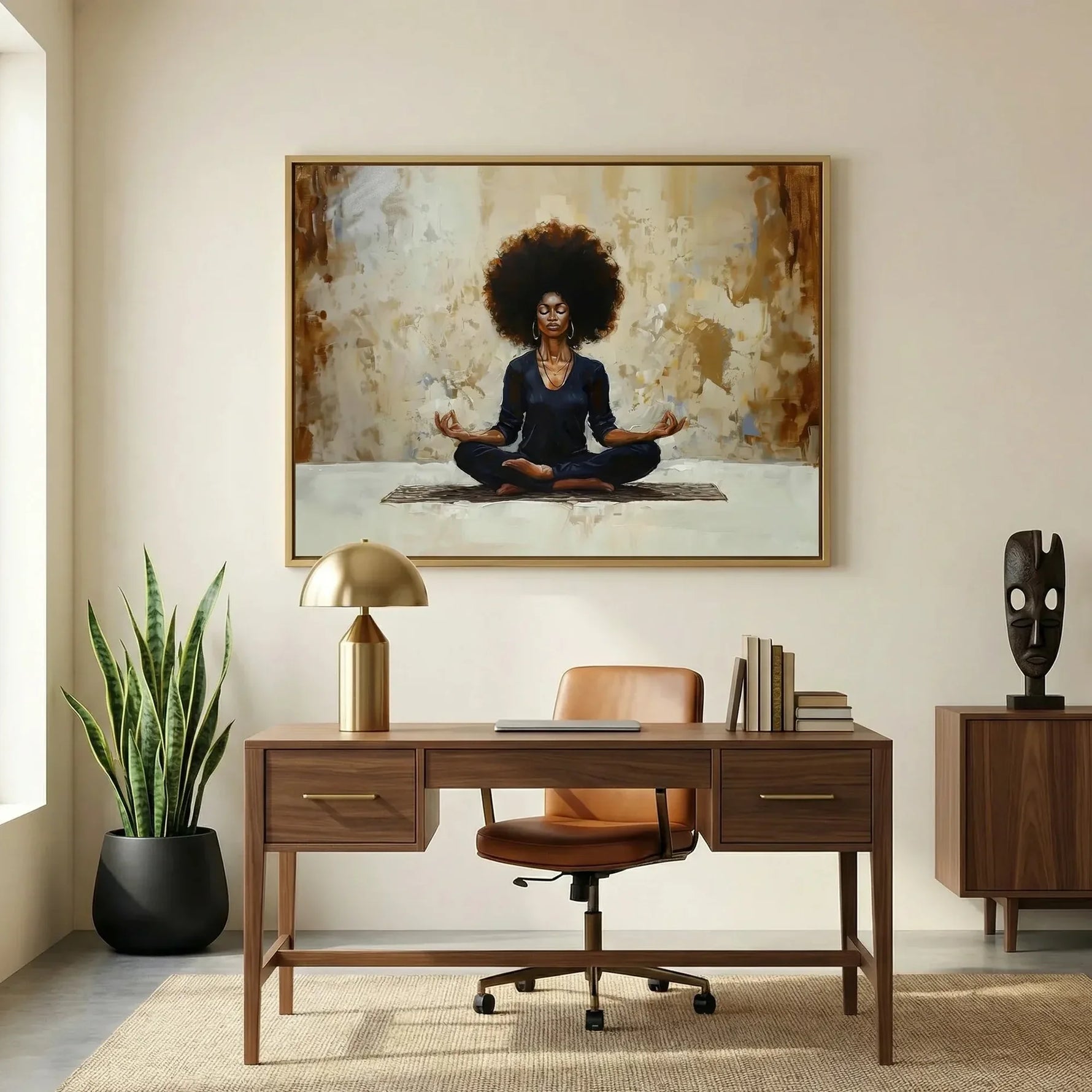 Black home office art in modern home office with walnut desk and African statue, Black woman meditating in lotus pose. Digital mockup.