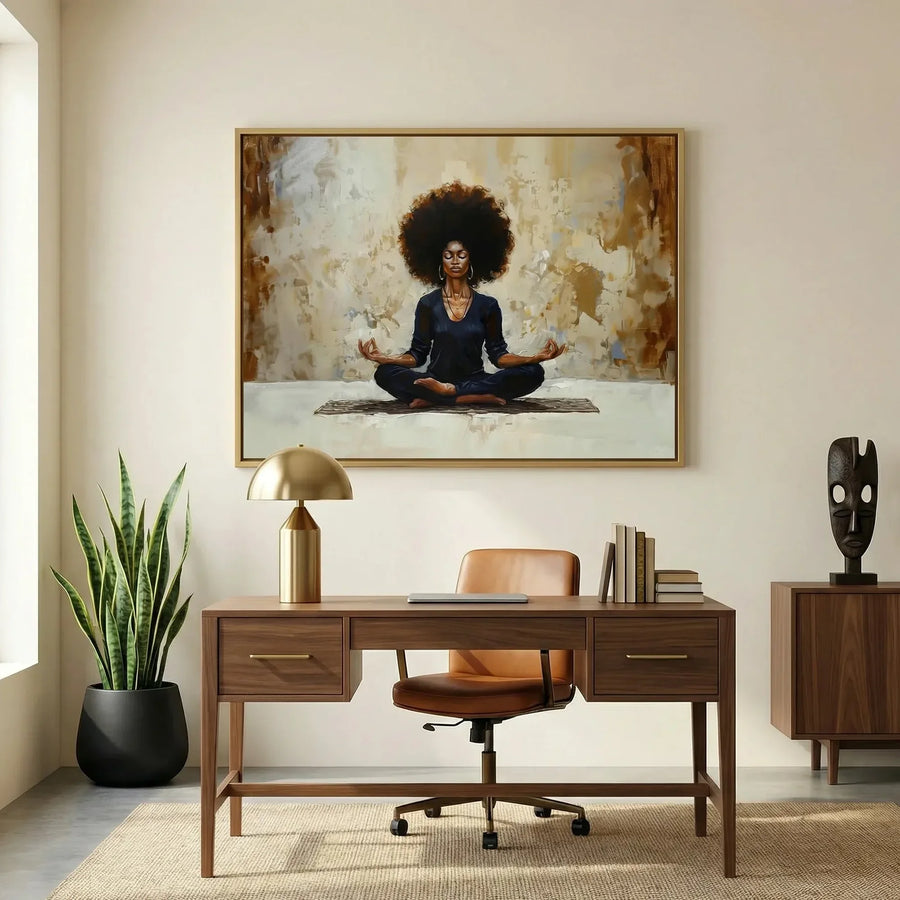 Black home office art in modern home office with walnut desk and African statue, Black woman meditating in lotus pose. Digital mockup.