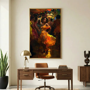 Confident Black woman office decor in modern office with walnut desk and African statues, Black woman in orange dress dancing. Digital mockup.