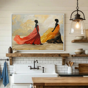 African American kitchen canvas in farmhouse kitchen with white shiplap and apron sink, two regal Black women in gowns. Digital mockup.