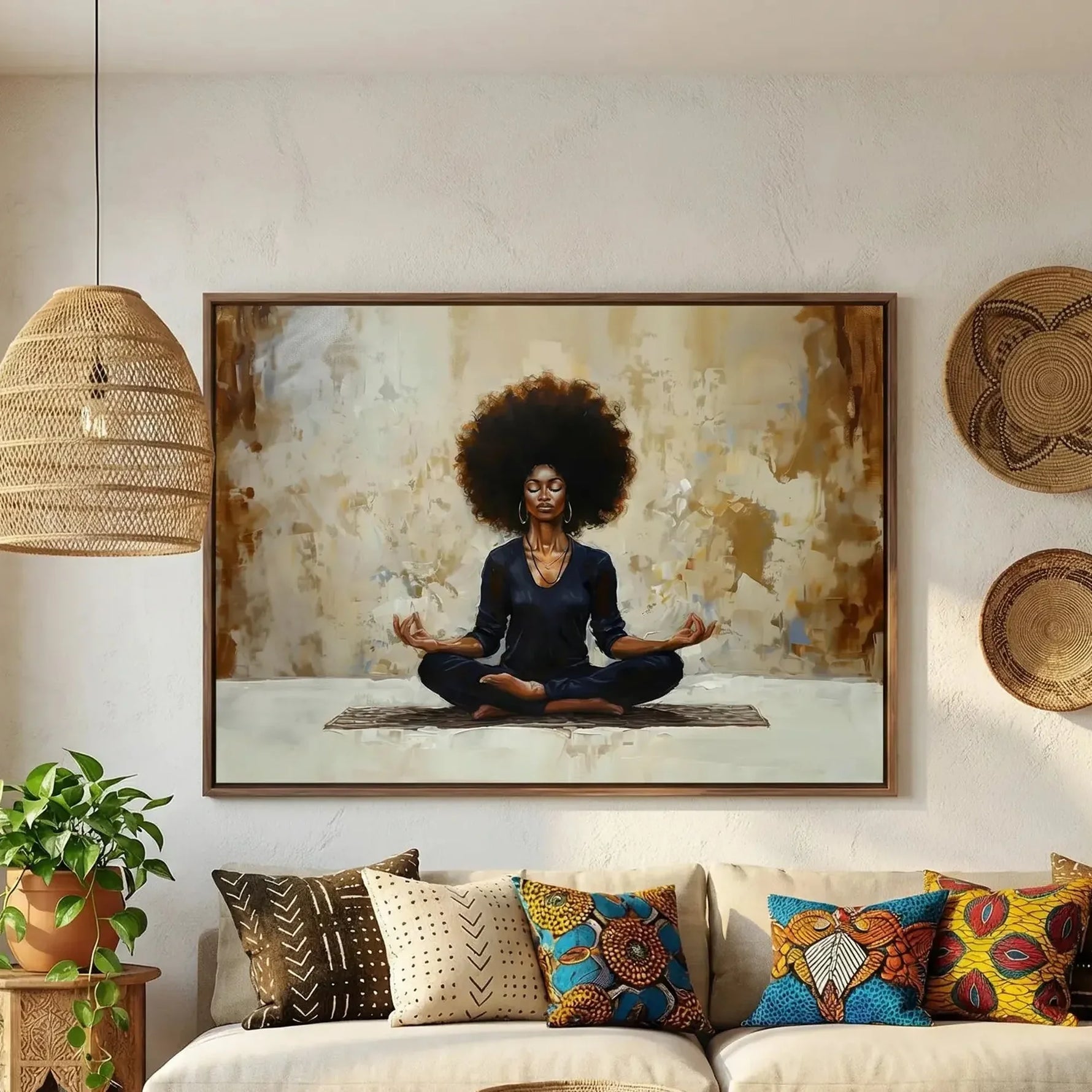 Modern African American art in modern living room with marble wall and green velvet sofa, Black woman meditating painting. Digital mockup.