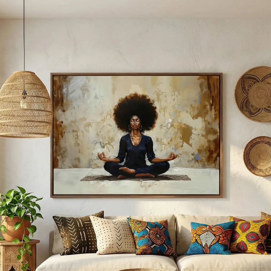 Modern African American art in modern living room with marble wall and green velvet sofa, Black woman meditating painting. Digital mockup.