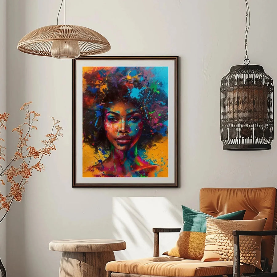 Afrohemian home decor wall art in modern boho reading nook with cognac chair and woven pendants, splash-paint Black woman. Digital mockup.