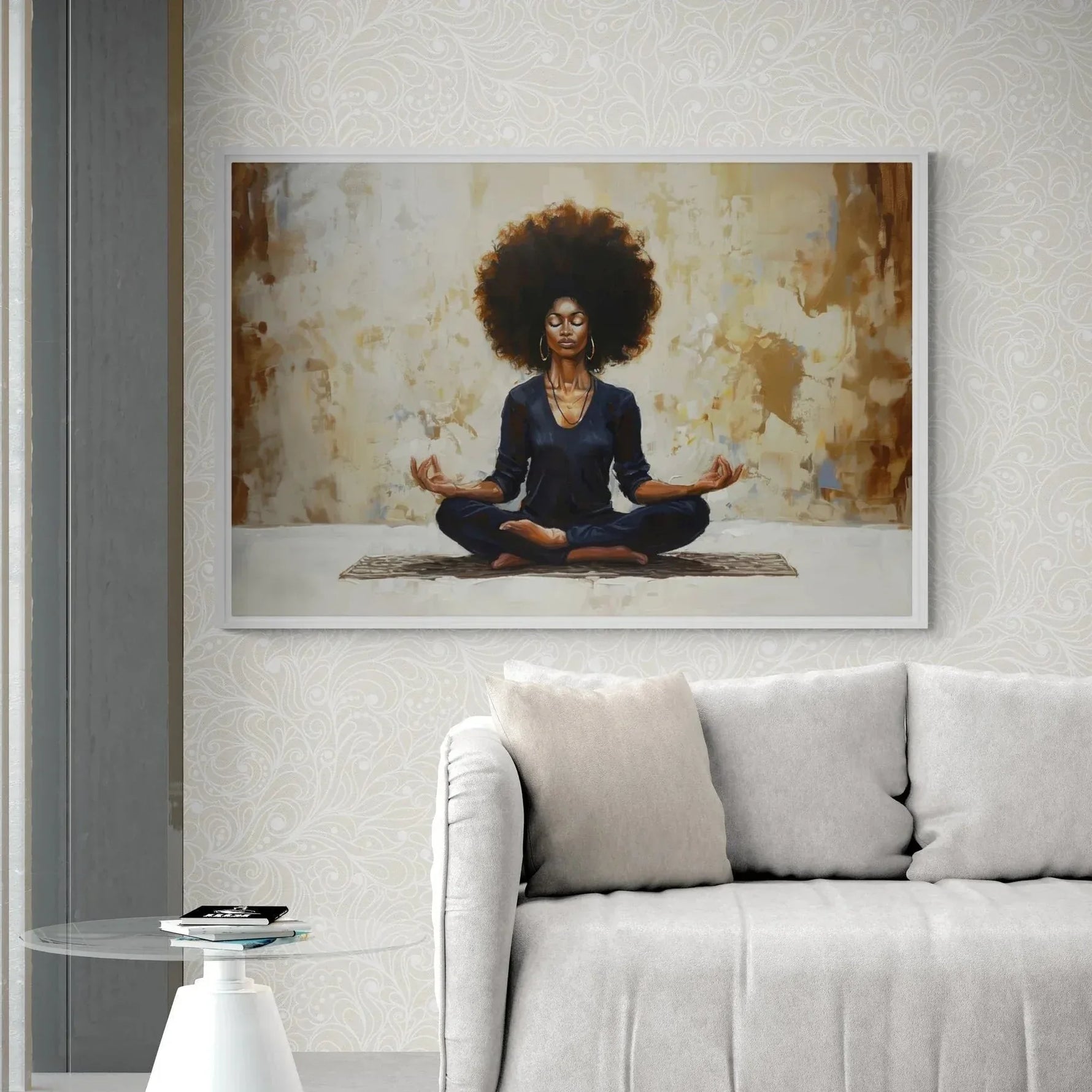 Black woman yoga art in modern living room with charcoal sofa and fiddle leaf, Black woman meditating in lotus pose painting. Digital mockup.