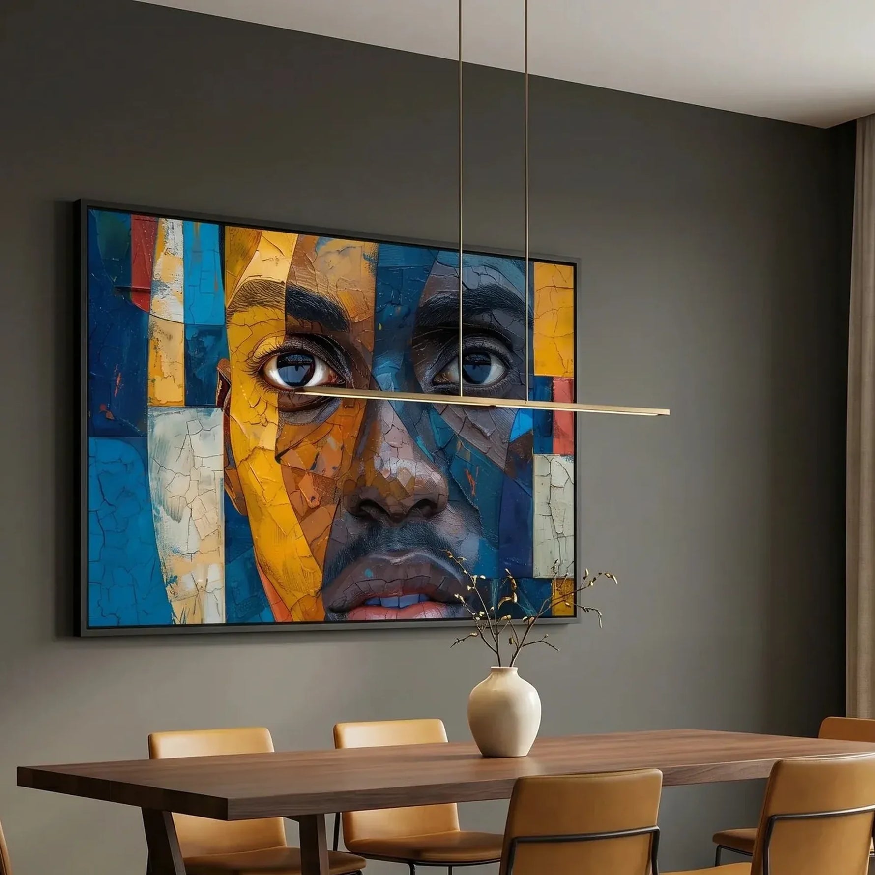 Modern Afro art in moody charcoal dining room with walnut table and cognac chairs, mosaic Black man portrait, mixed media. Digital mockup.