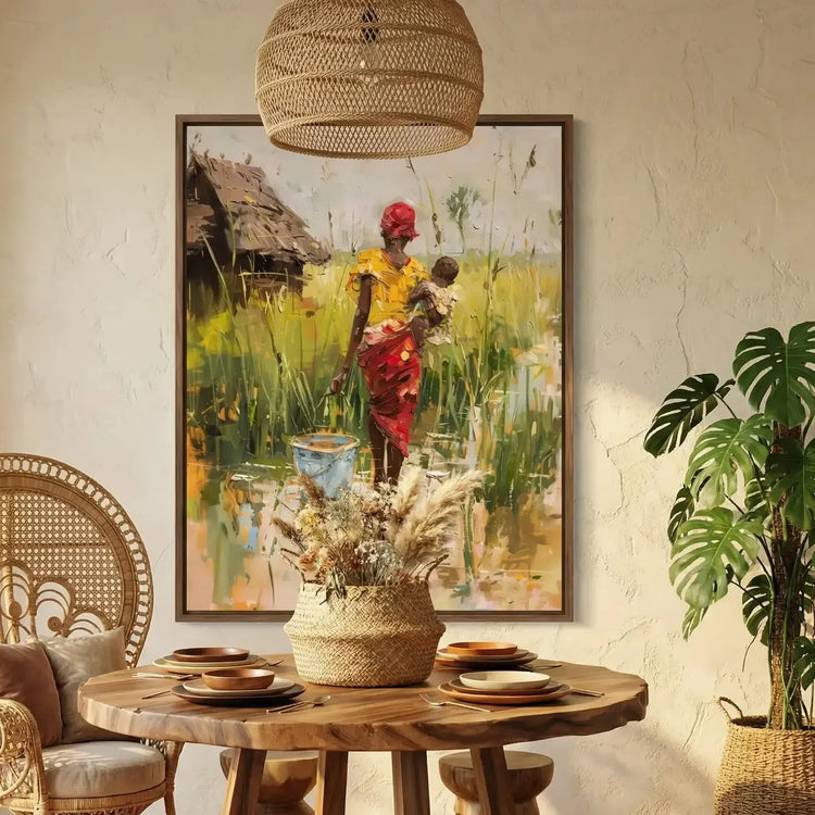 African mother village art in boho Mediterranean dining with peacock chair, African woman with baby in village. Digital mockup.