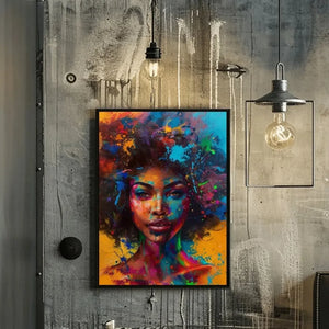 Urban Black aesthetic wall art in industrial bedroom with concrete walls and edison bulbs, splash-paint Black woman portrait. Digital mockup.