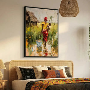 Afrohemian home decor wall art in boho Moroccan bedroom with cane bed and kente runner, African woman with baby in village. Digital mockup.