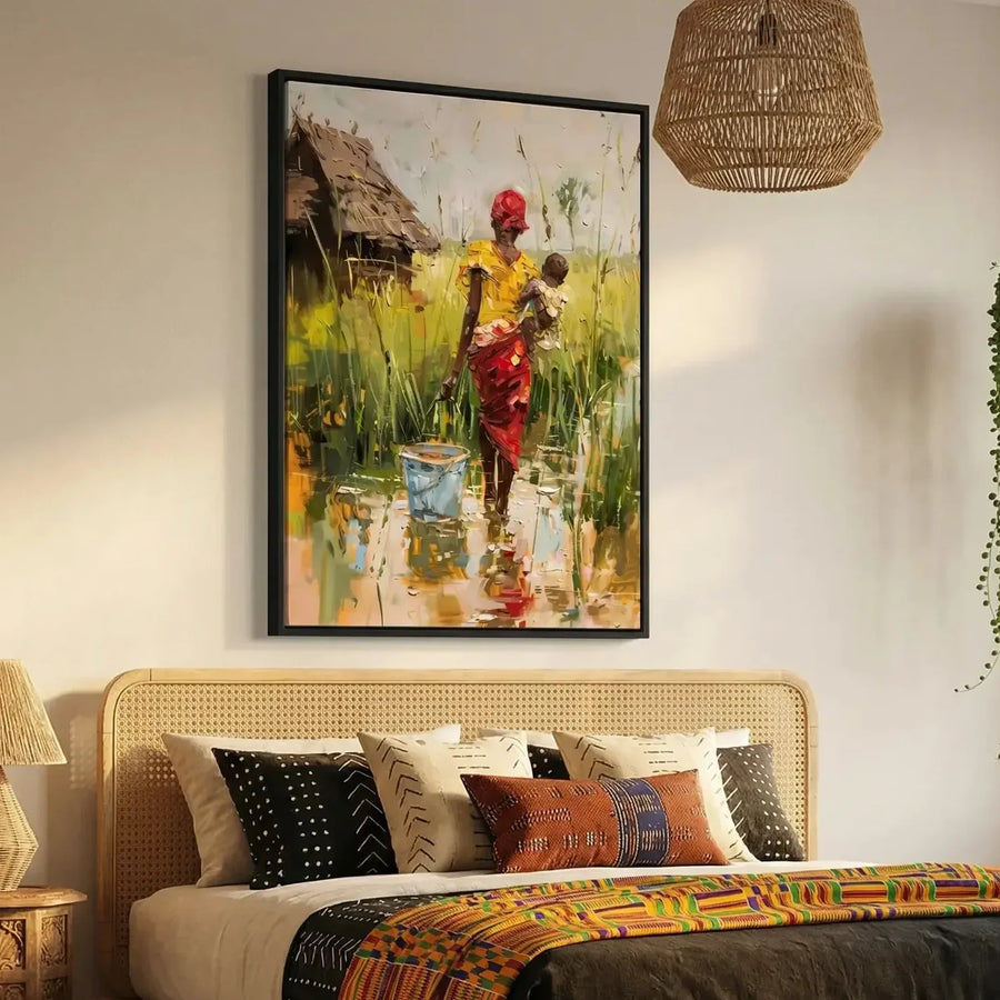 Afrohemian home decor wall art in boho Moroccan bedroom with cane bed and kente runner, African woman with baby in village. Digital mockup.