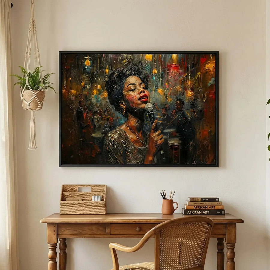 Black home office art in boho farmhouse study with farmhouse desk and cane chair, vintage Black jazz singer impasto painting. Digital mockup.