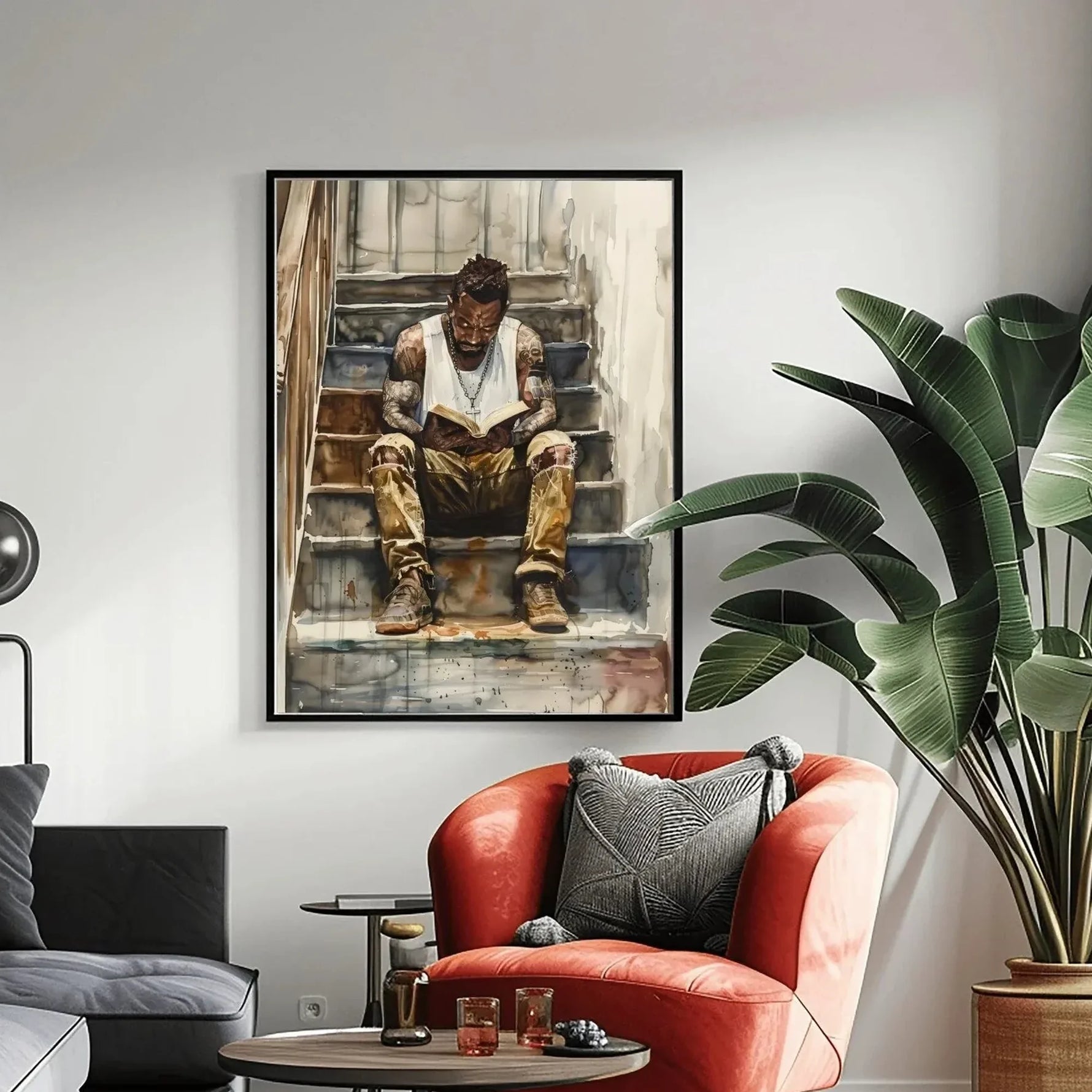 Modern African American art in minimalist scandi space with white daybed and green velvet pillow, Black man reading. Digital mockup.