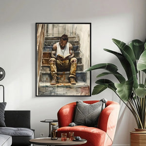 Modern African American art in minimalist scandi space with white daybed and green velvet pillow, Black man reading. Digital mockup.