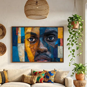 Modern African American art in boho living room with mudcloth pillows and African baskets, mosaic Black man portrait. Digital mockup.