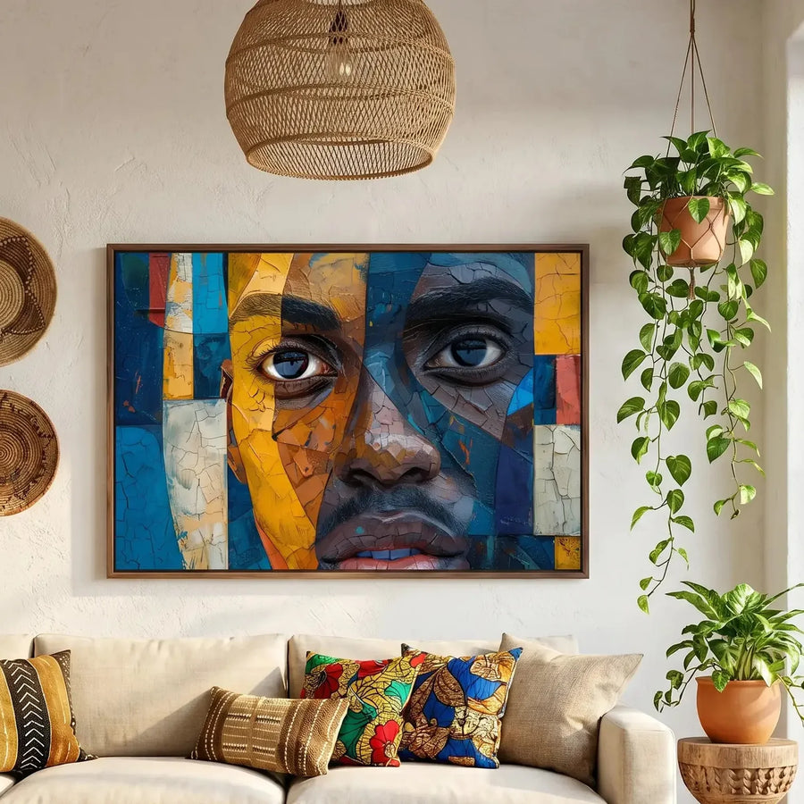 Modern African American art in boho living room with mudcloth pillows and African baskets, mosaic Black man portrait. Digital mockup.