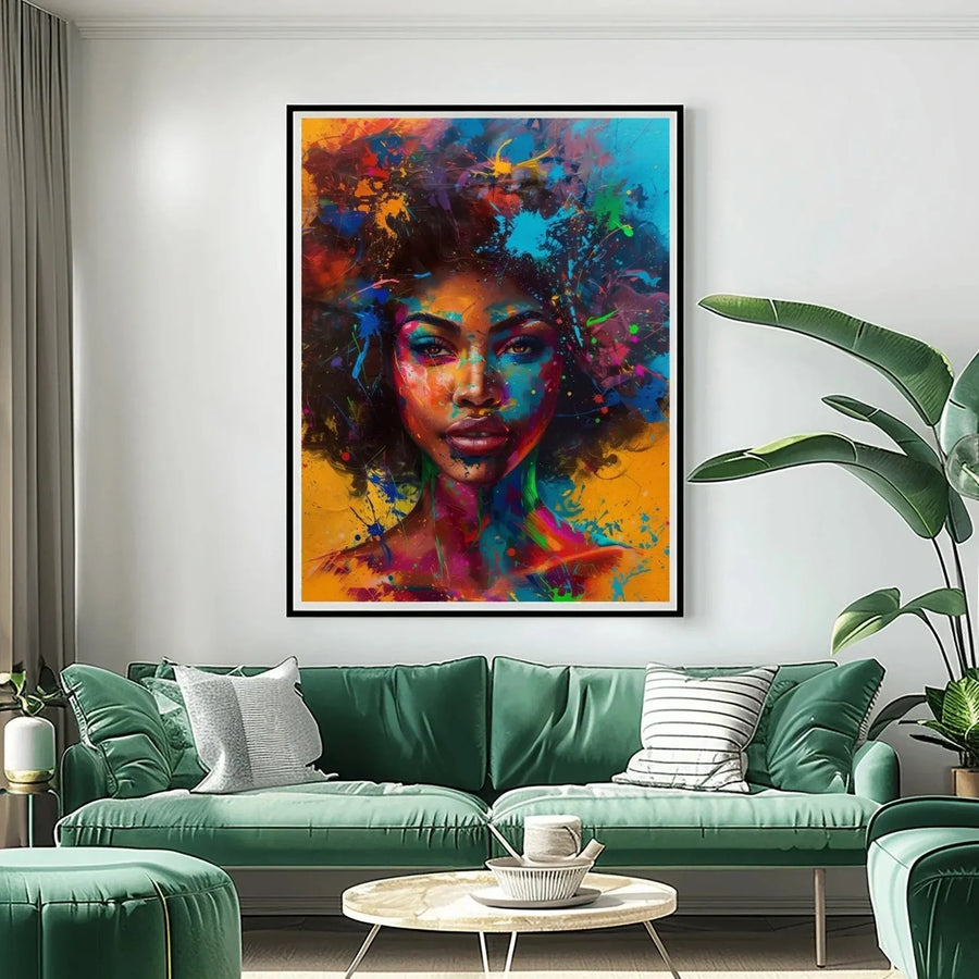 Abstract melanin wall art in modern coastal living room with green velvet sectionals, splash-paint Black woman portrait afro. Digital mockup.