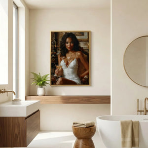 Afrohemian home decor wall art in boho Moroccan bedroom with cane bed, Black woman in white dress with martini, oil painting. Digital mockup.