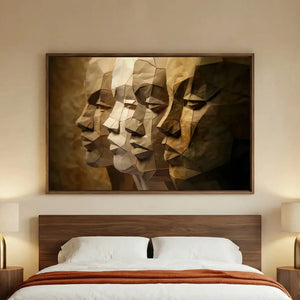 African American art for bedroom in modern bedroom with walnut platform bed and brass lamps, paper-craft Black men profiles. Digital mockup.
