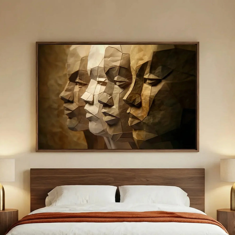 African American art for bedroom in modern bedroom with walnut platform bed and brass lamps, paper-craft Black men profiles. Digital mockup.