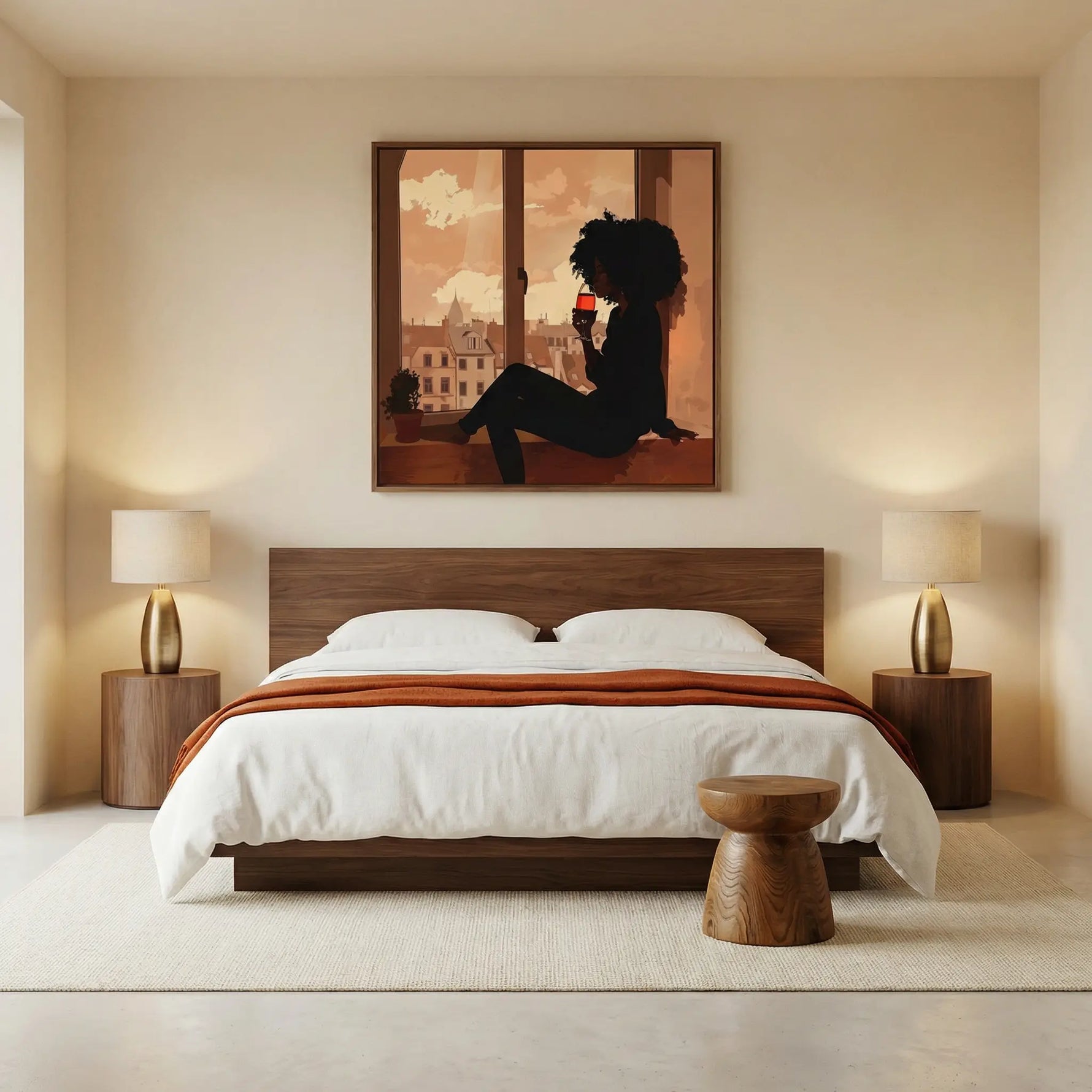 Modern Black art in bedroom with Minimalist bedroom with walnut panel headboard, white linen and wood accent. Digital mockup.