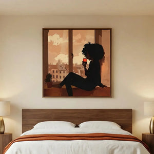 Modern African American art for bedroom with walnut platform bed and terracotta throw, Black woman wine silhouette. Digital mockup.