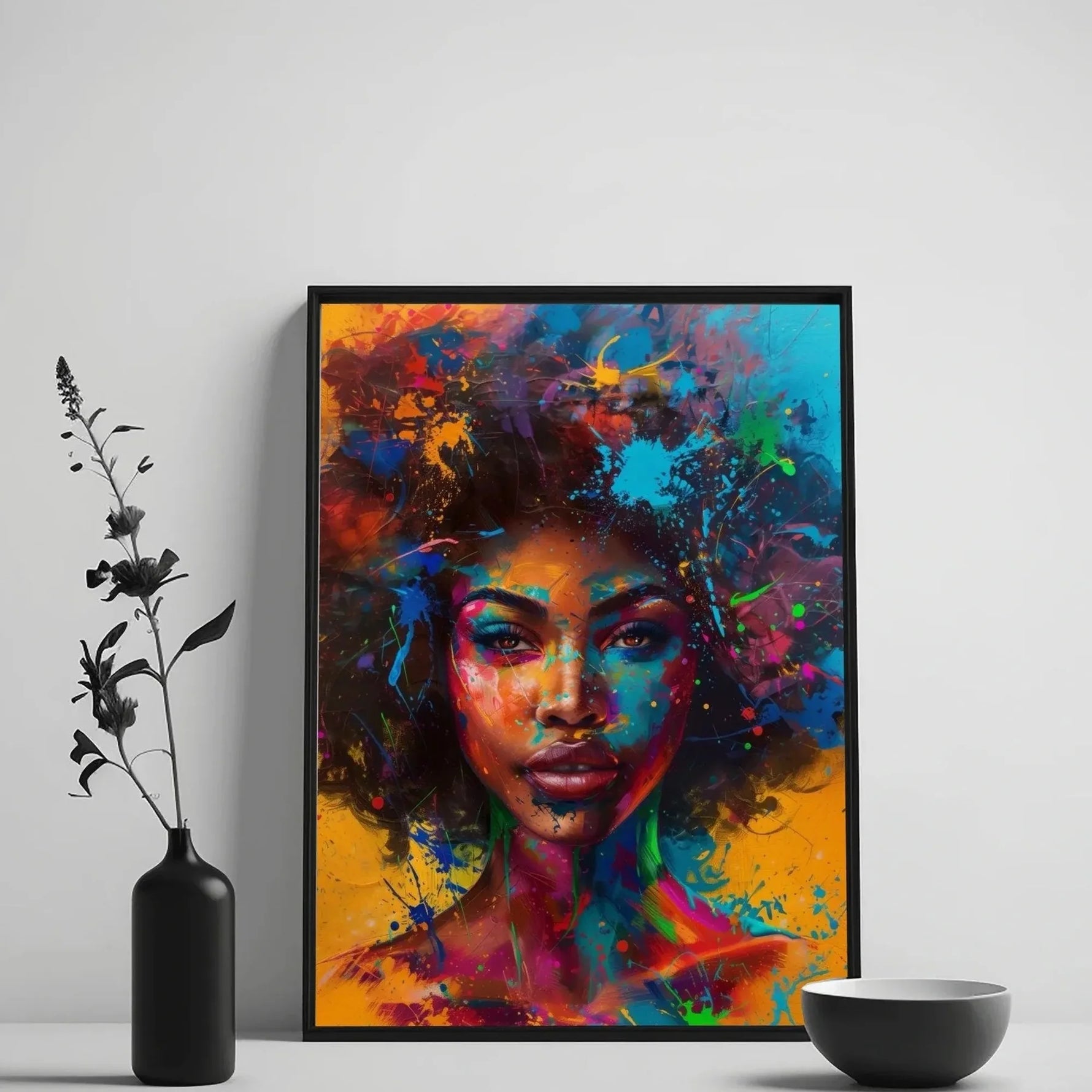 Abstract melanin wall art detail of artwork on white wall with black vase and branches, splash-paint Black woman portrait. Digital mockup.