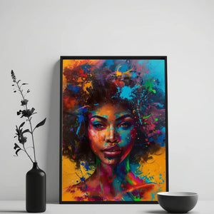 Abstract melanin wall art detail of artwork on white wall with black vase and branches, splash-paint Black woman portrait. Digital mockup.