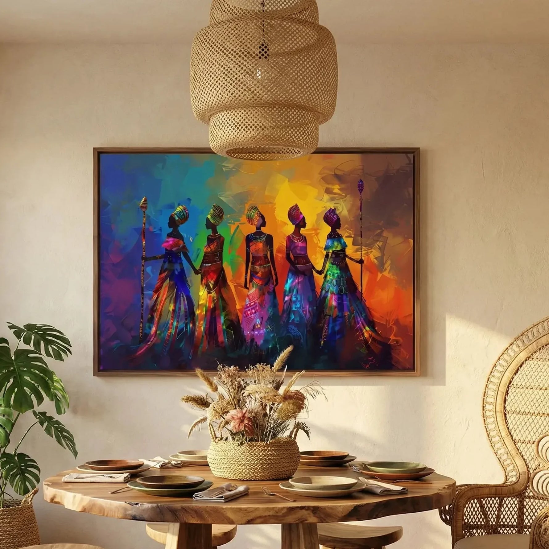 Afrohemian home decor wall art in rustic boho dining with peacock chair and monstera, colorful tribal African women. Digital mockup.