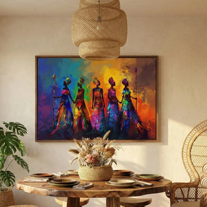 Afrohemian home decor wall art in rustic boho dining with peacock chair and monstera, colorful tribal African women. Digital mockup.