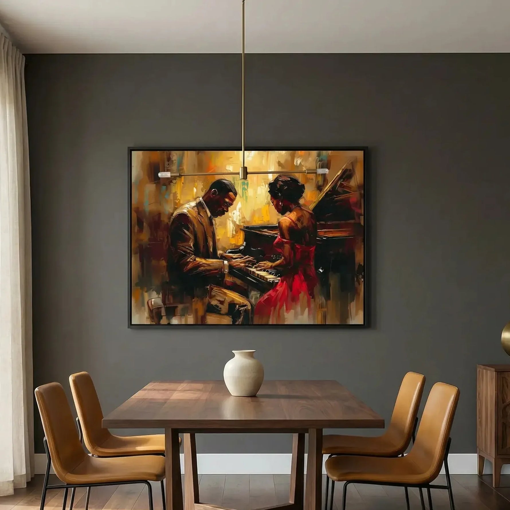 Urban Black aesthetic wall art in dark moody dining room with cognac leather chairs, Black couple at jazz piano, oil painting. Digital mockup.