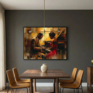 Urban Black aesthetic wall art in dark moody dining room with cognac leather chairs, Black couple at jazz piano, oil painting. Digital mockup.