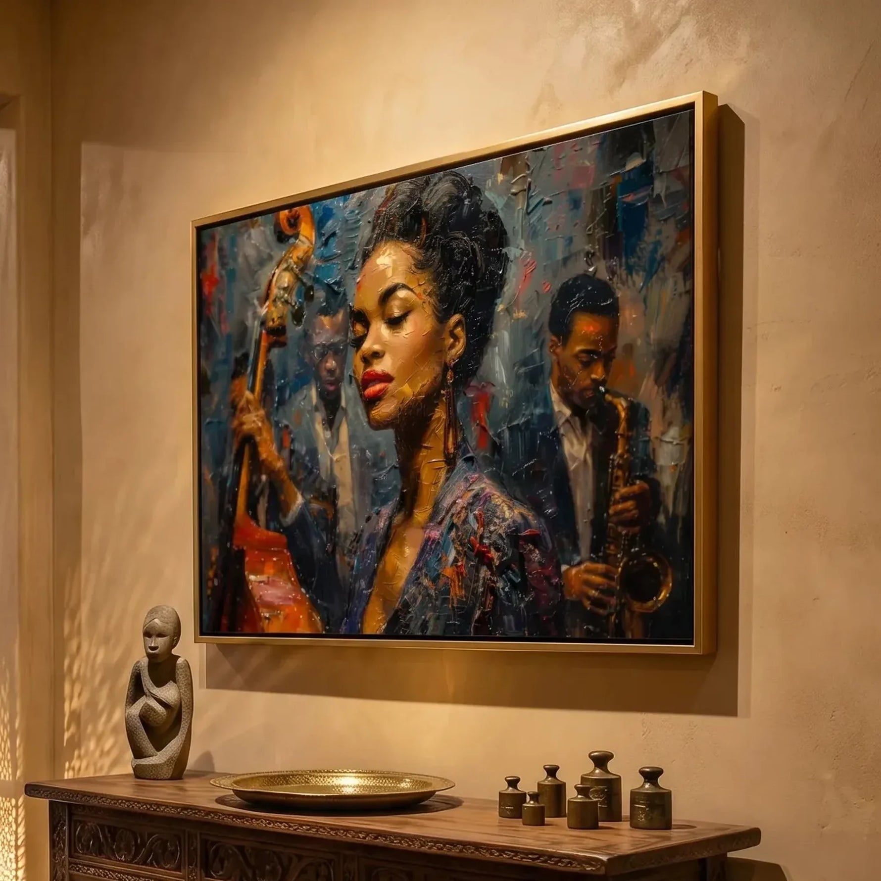 Afrohemian home decor wall art in afrohemian hallway with African masks and Moroccan lantern, young Ella Fitzgerald art. Digital mockup.