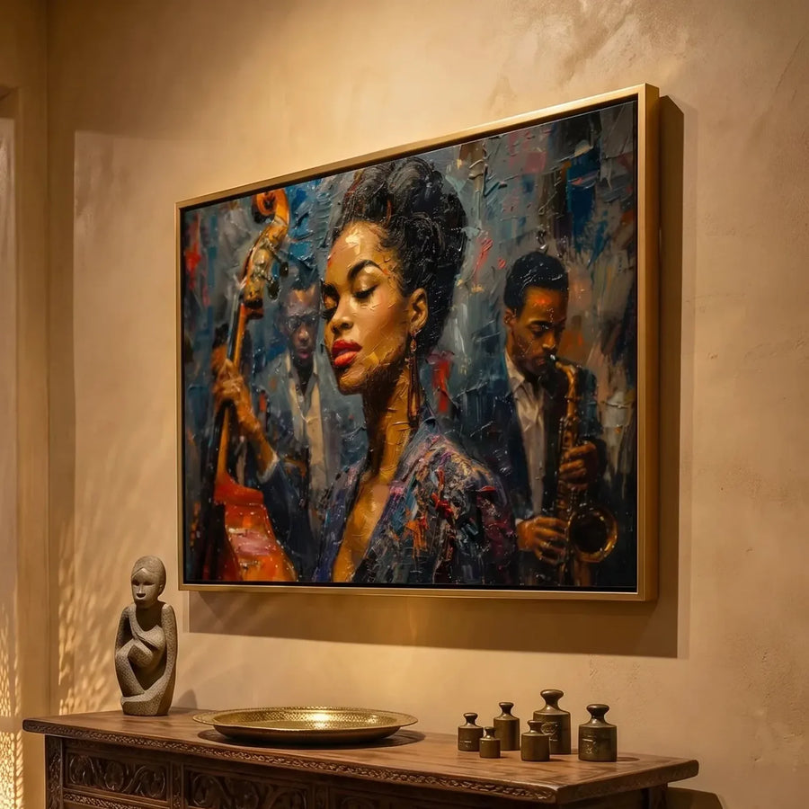 Afrohemian home decor wall art in afrohemian hallway with African masks and Moroccan lantern, young Ella Fitzgerald art. Digital mockup.