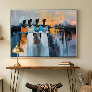 Modern Black art for apartment in modern hallway with brass lamp and walnut console with mudcloth stool, four Black women. Digital mockup.