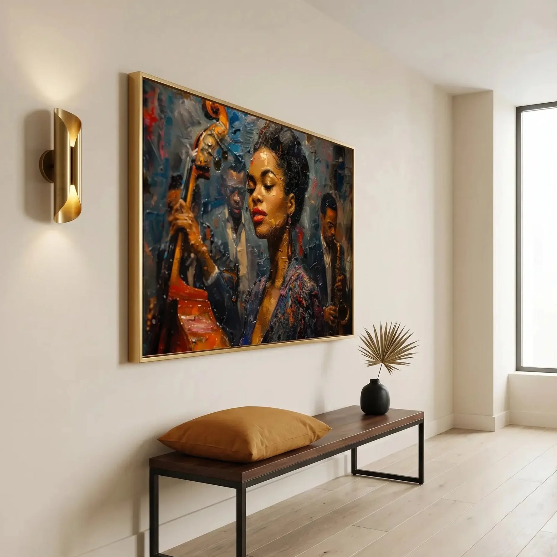 Modern Black art for apartment in minimalist hallway with brass sconce and walnut bench, young Ella Fitzgerald art, abstract. Digital mockup.