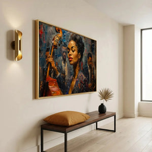 Modern Black art for apartment in minimalist hallway with brass sconce and walnut bench, young Ella Fitzgerald art, abstract. Digital mockup.