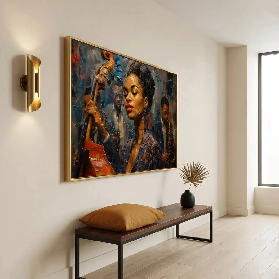 Modern Black art for apartment in minimalist hallway with brass sconce and walnut bench, young Ella Fitzgerald art, abstract. Digital mockup.