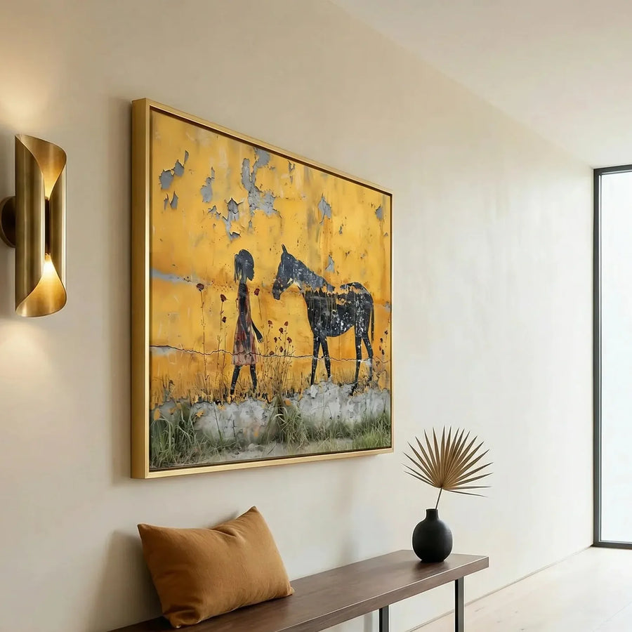Modern Black art for apartment in minimalist hallway with brass sconce and walnut bench, Black girl with horse stencil. Digital mockup.