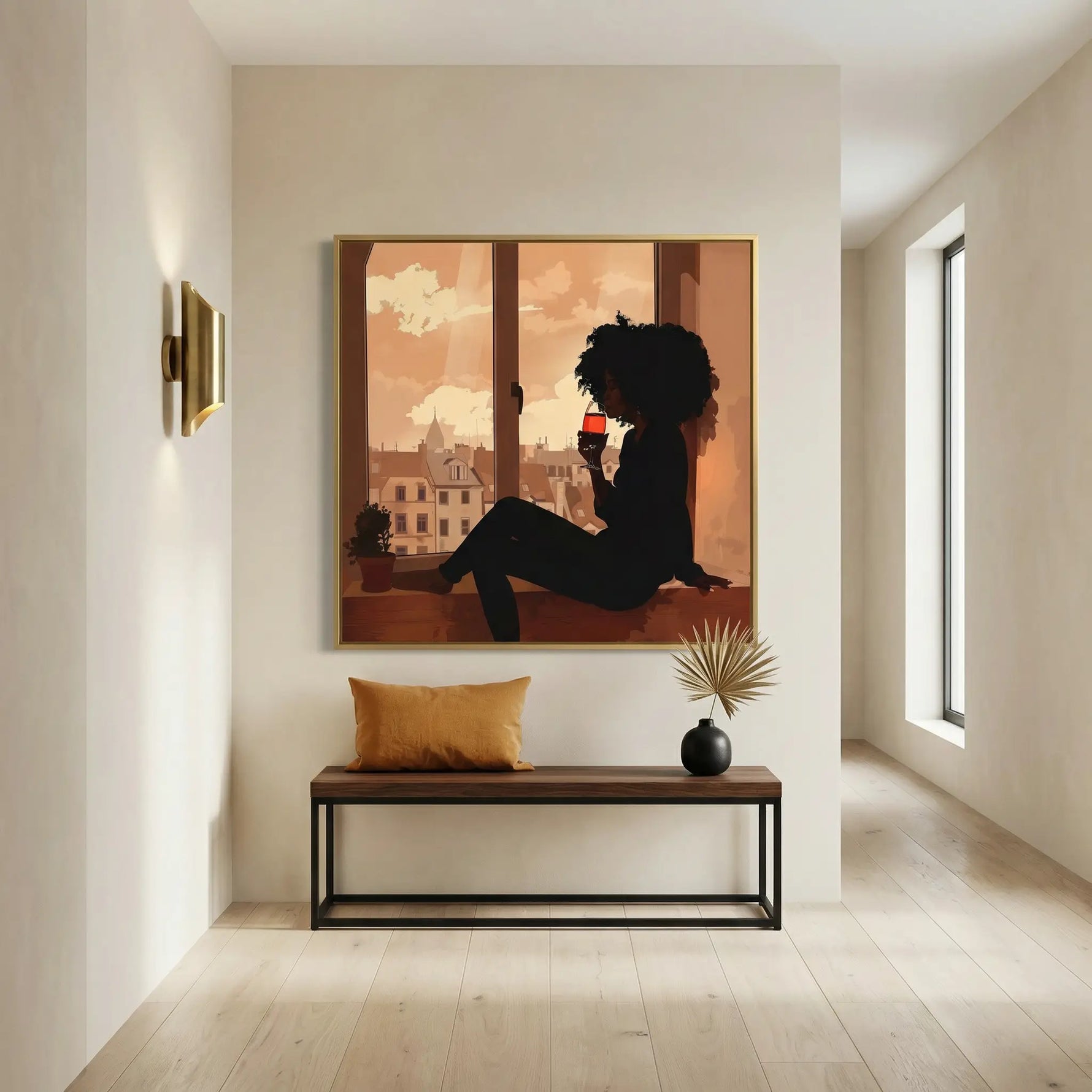Afrohemian home decor wall art in hallway with Minimalist bright hallway with walnut bench, gold cushion, and black vase. Digital mockup.