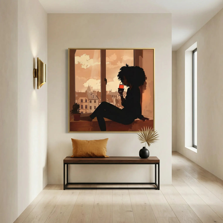 Afrohemian home decor wall art in hallway with Minimalist bright hallway with walnut bench, gold cushion, and black vase. Digital mockup.