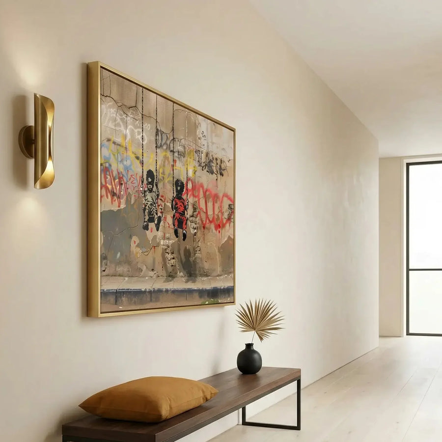 Modern Black art for apartment in minimalist hallway with brass sconce and walnut bench, Black boys on swings, stencil. Digital mockup.