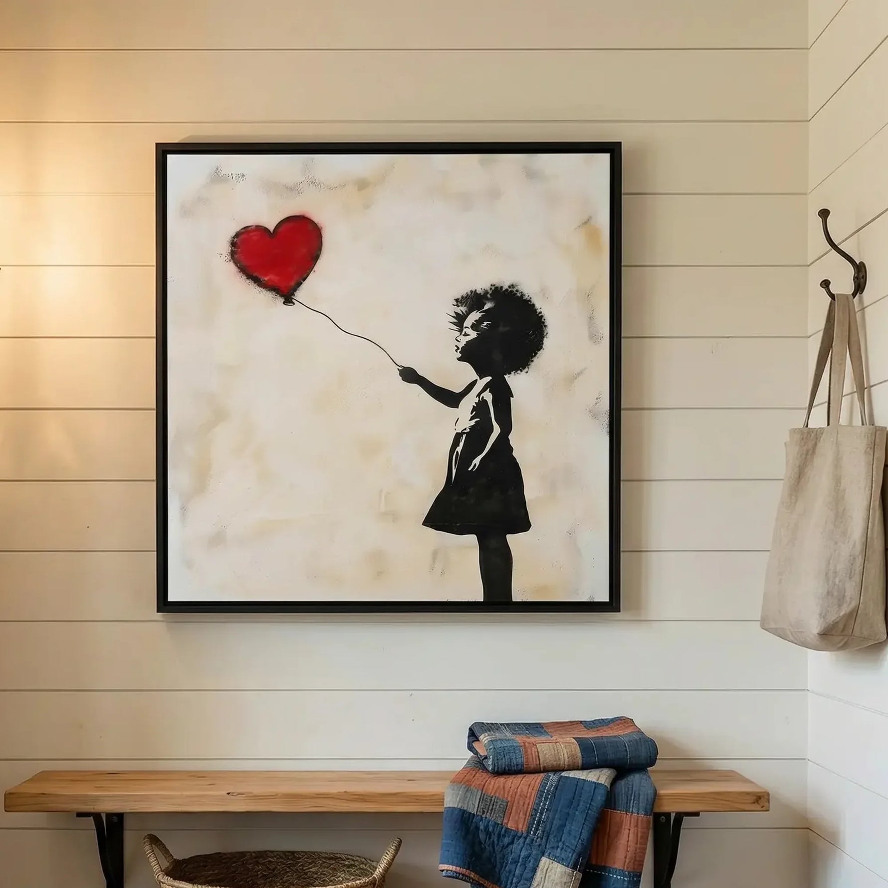 Black farmhouse wall decor in shiplap mudroom with patchwork throw, street-art Black girl with red heart balloon. Digital mockup.