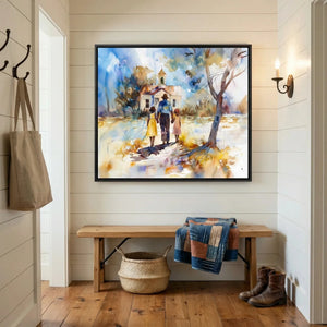 Lowcountry art in shiplap mudroom with wood bench and patchwork quilt, Black family walking to church, watercolor. Digital mockup.