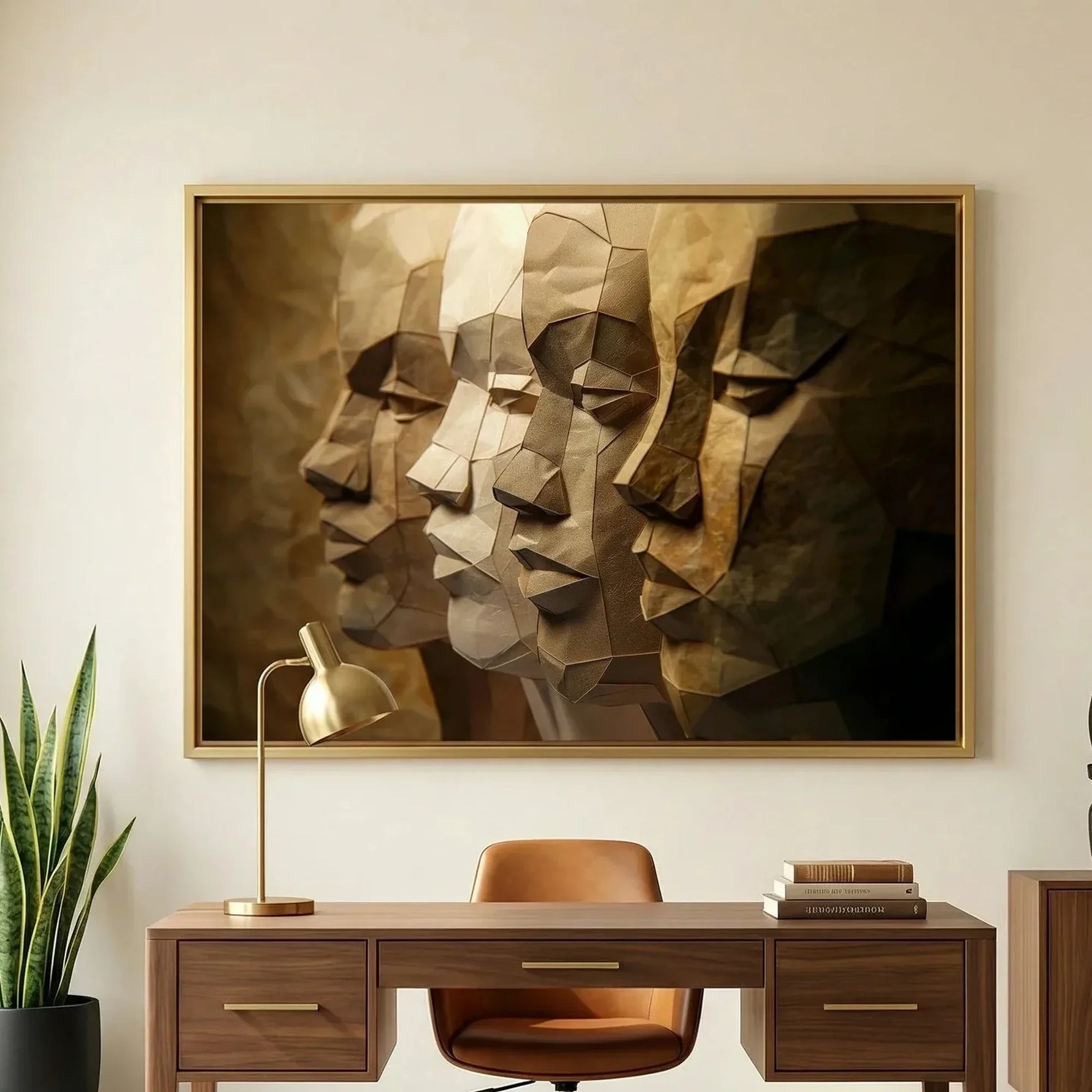 Black home office art in modern home office with walnut desk and leather chair, paper-craft sculpture of Black men profiles. Digital mockup.