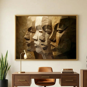 Black home office art in modern home office with walnut desk and leather chair, paper-craft sculpture of Black men profiles. Digital mockup.