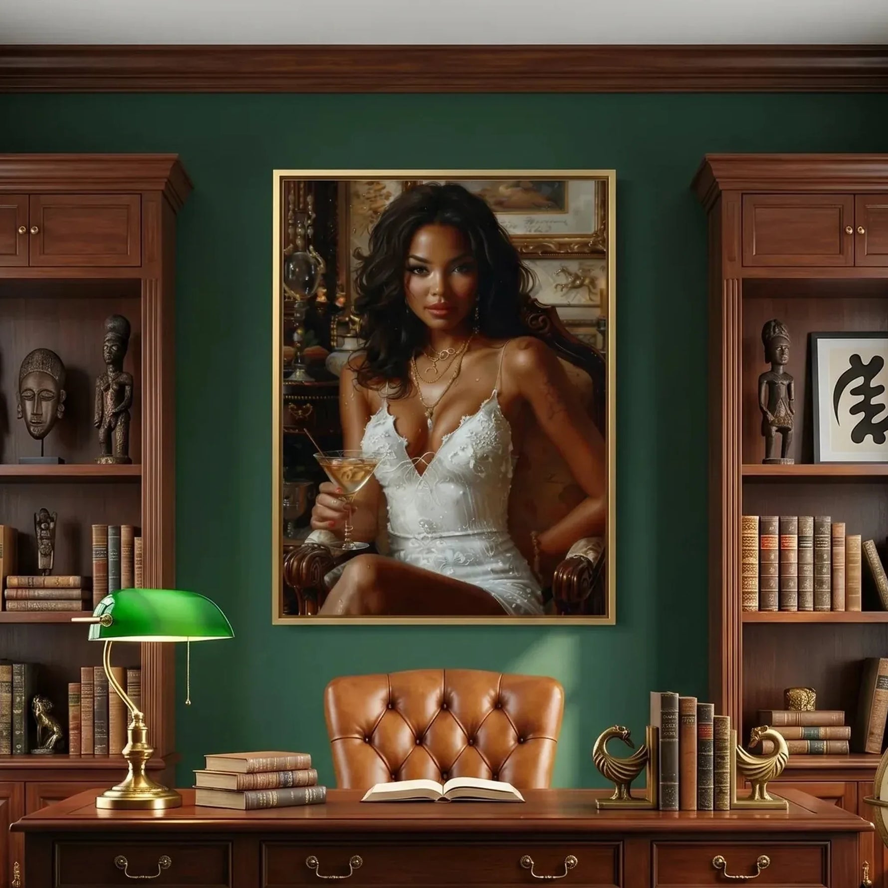 Regal melanin wall art in glamorous Victorian bathroom with navy walls and marble floor, Black woman in white dress. Digital mockup.