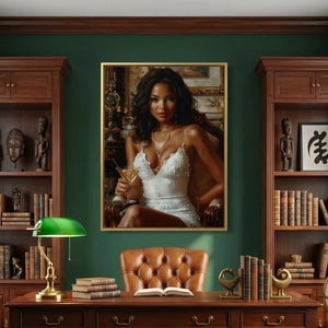 Regal melanin wall art in glamorous Victorian bathroom with navy walls and marble floor, Black woman in white dress. Digital mockup.