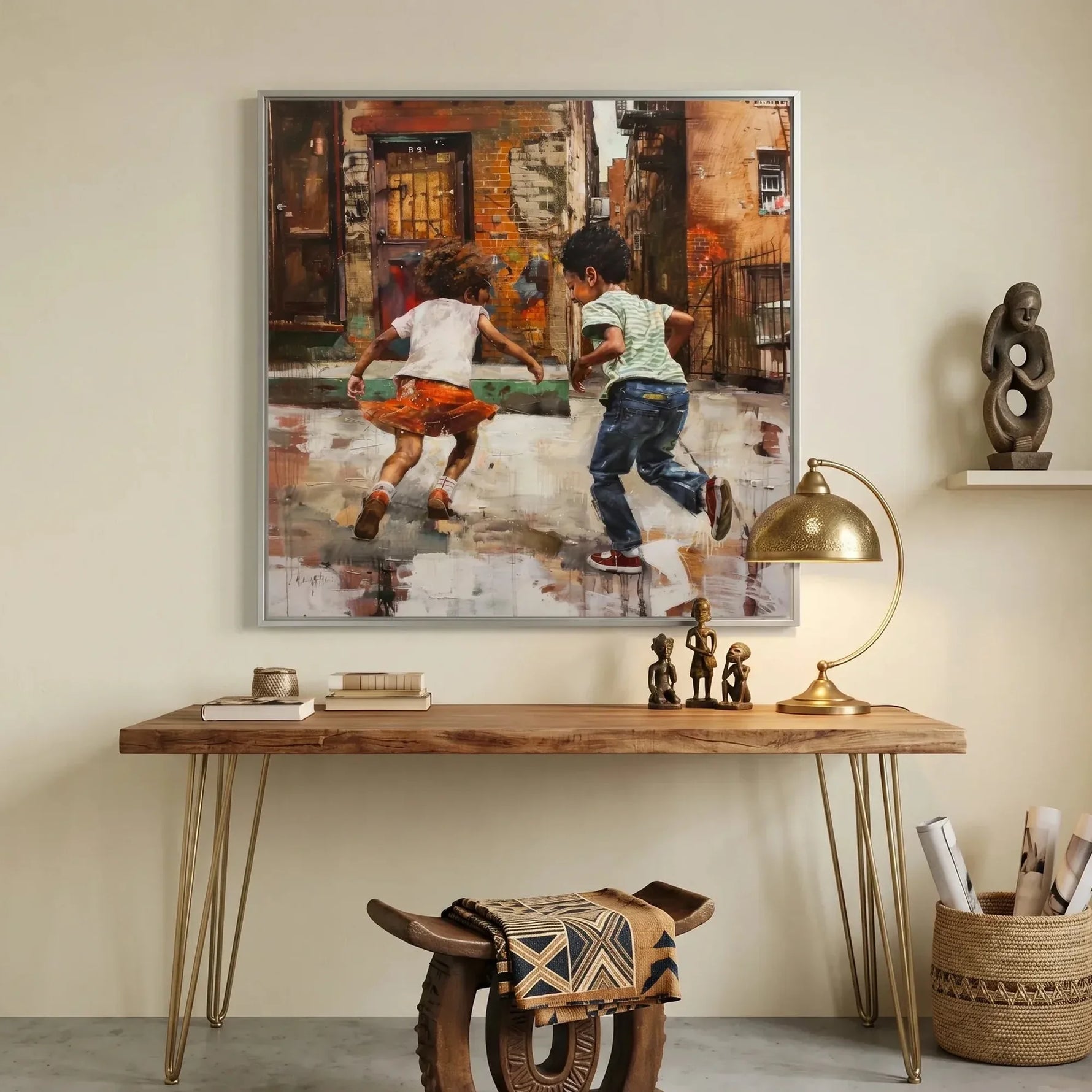 Black home office art in modern study with walnut hairpin console and African statues, Black children running urban scene. Digital mockup.