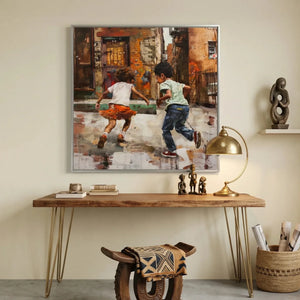 Black home office art in modern study with walnut hairpin console and African statues, Black children running urban scene. Digital mockup.